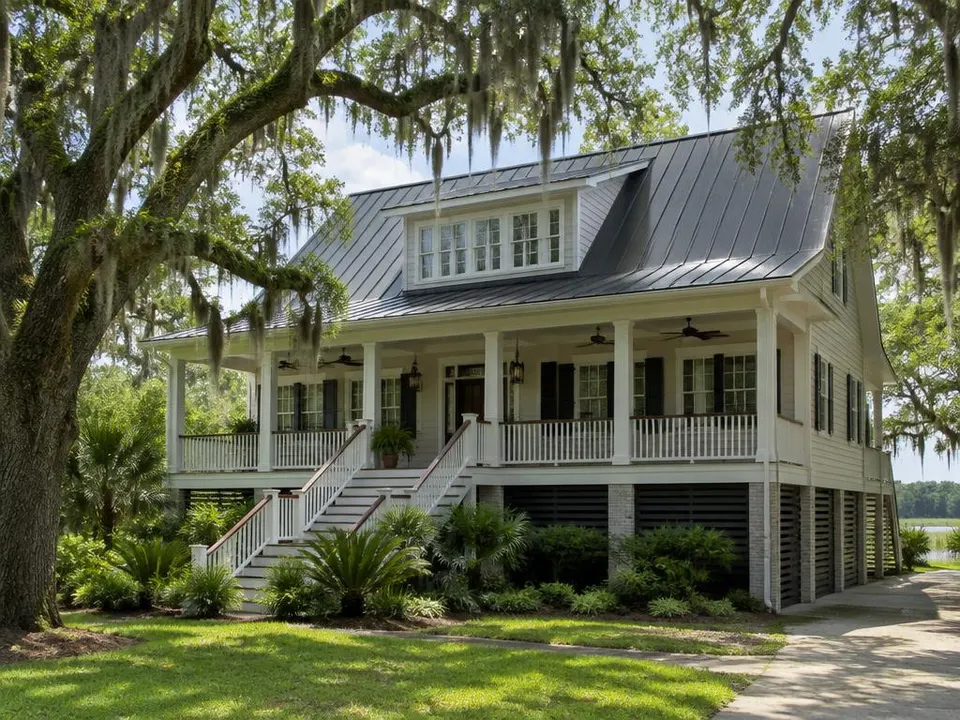 Generated illustration of a standing-seam metal roof on a raised home with a porch under live oaks