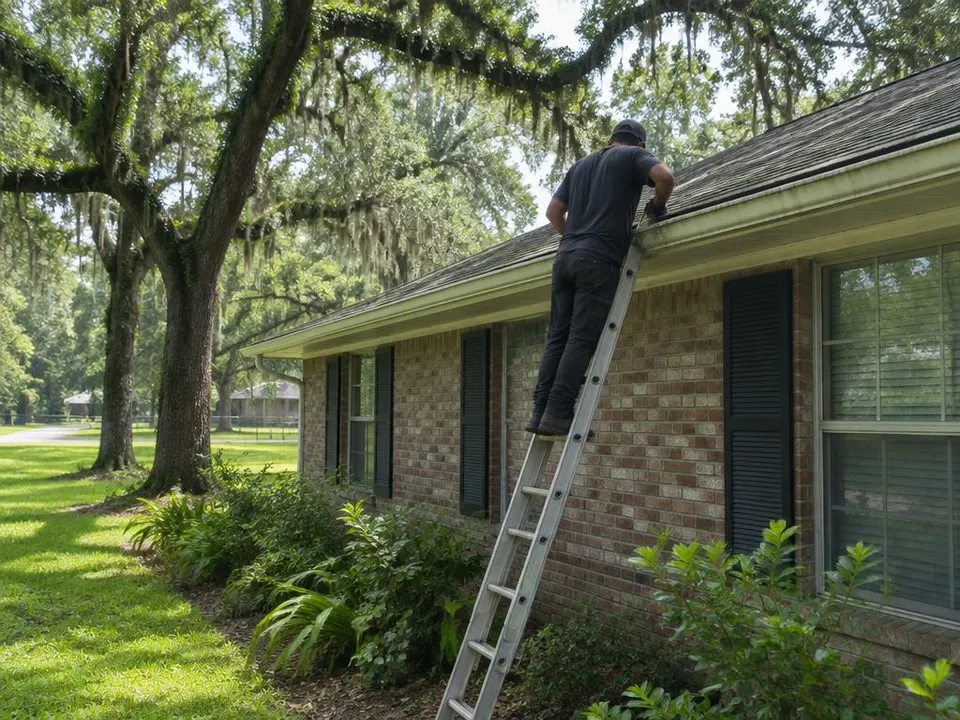 Generated illustration of a roofer on a ladder at the gutter edge of a brick ranch house