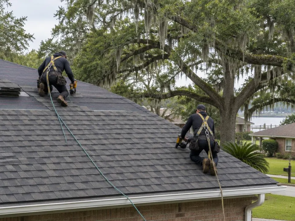 Generated illustration of two roofers in harnesses nailing asphalt shingles on a pitched roof